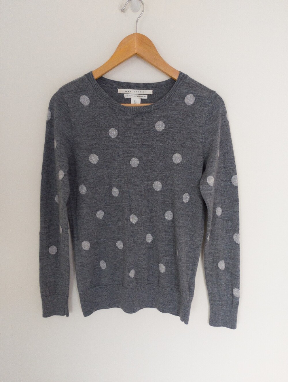 Max Studio Extra Fine Merino Wool Metallic Polka Dot Sweater Grey Large